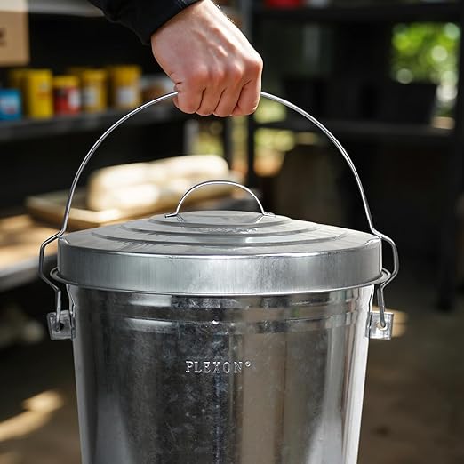 Plexon Metal Trash Can with Locking Lid Outdoor Storage Bucket for Bird Seed Ash 6-Gallon Galvanized Steel 2 Pack