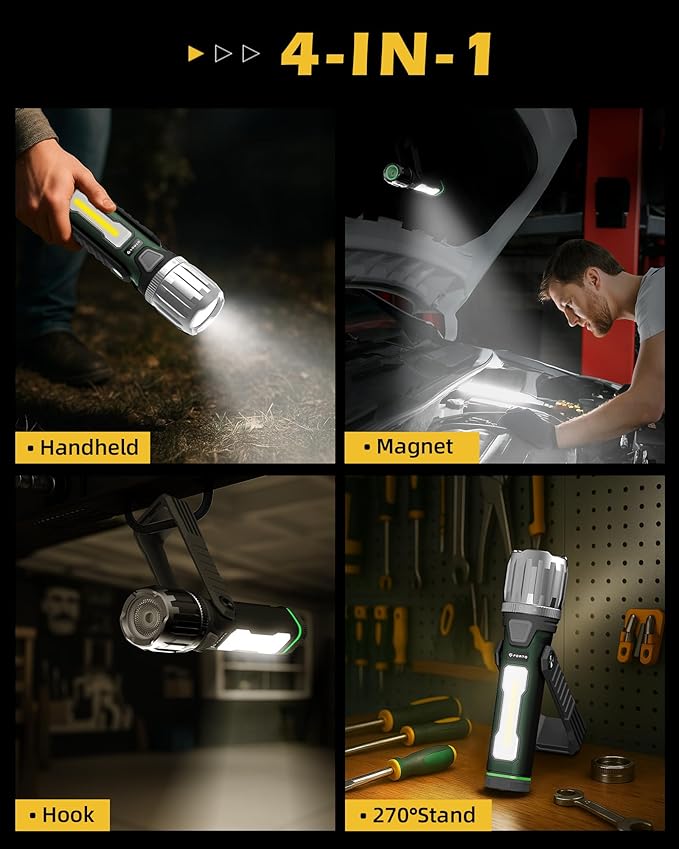 FORTO Rechargeable Work Light 2000LM Magnetic Flashlight, IPX8 Waterproof, 5000mAh, 240° Rotating Handle, for Garage, Camping, Car Repair, Hiking, Power Outage, Jobsite, Emergency (Green)