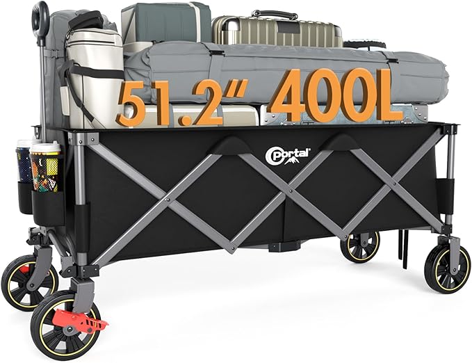 PORTAL 51.2" Long Wagons Carts Foldable with Brakes, Large Foldable Wagon with Cargo Net, Side Pocket, Cup Holders, 350 LBs Heavy Duty Utility Grocery Wagons for Sports, Camping