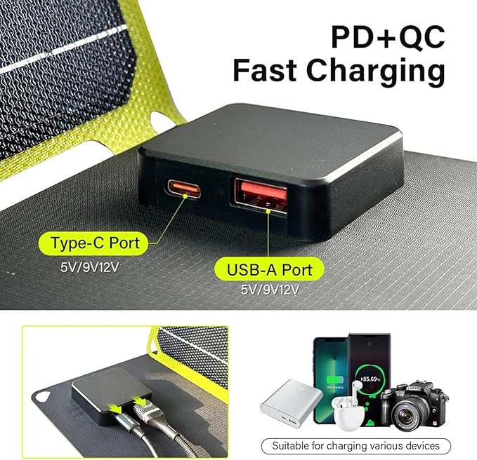 10W Portable Solar Panel, Small Foldable Solar Charger with USB-C Tybe-C Outputs Compatible with Cell Phone Tablet, IP67 Waterproof for Camping, Hiking, Backpacking