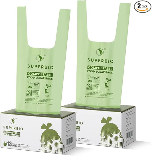 SUPERBIO 13 Gallon Handle Tie Compostable Food Waste Bags, 30 Count, 2 Pack, ASTM D6400, BPI and OK compost INDUSTRIAL, 49.2L, 0.87 Mil