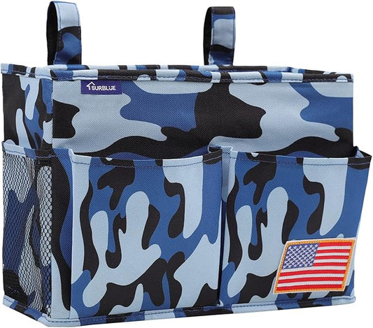 Surblue Bedside Caddy Hanging Bed Organizer Storage Bag Pocket for Bunk and Hospital Beds, College Dorm Rooms Baby Bed Rails, Wheelchair Side Bag, Camp Chiars, 4 Pockets and 2 Hooks (Small Ocean)