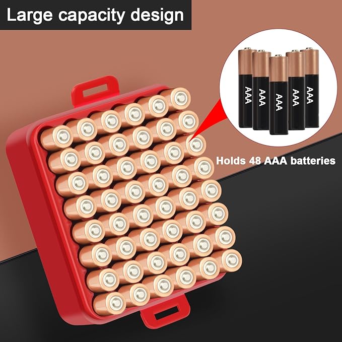 ALCYON Battery Organizer Storage Case, Battery Vault Box Container for 48pcs AAA Batteries, Plastic Clear Protective Battery Holder for Travelling/Home/Office (Red, Small)