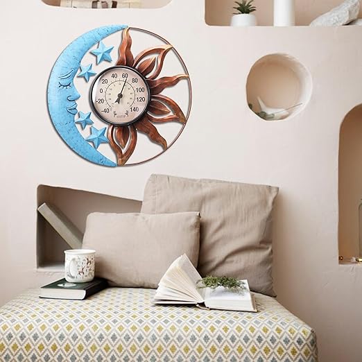 MUMTOP Indoor Outdoor Thermometer - Sun and Moon Wall Thermometer with Star, Outdoor Thermometers for Patio, Room, Greenhouse, Outside, Garden Decor
