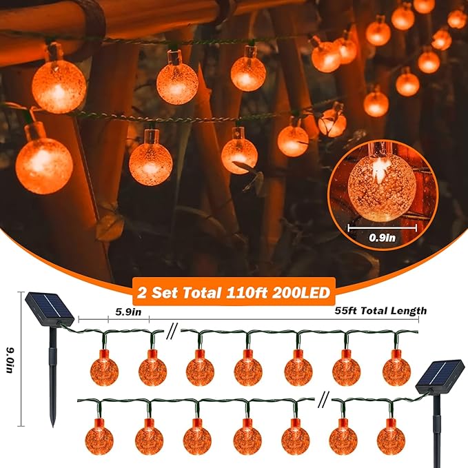Solar Lights Outdoor Waterproof, 2 Pack Total 200LED 110FT Solar String Lights for Outside with 8 Modes, Outdoor String Lights Crystal Globe Patio Lights for Garden Yard Party Decor(Orange)