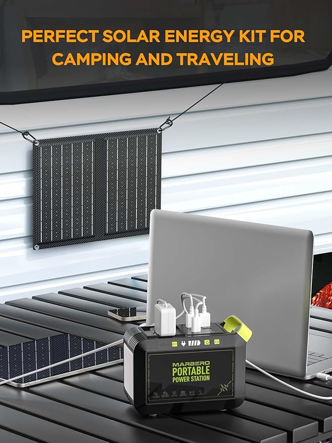 MARBERO Camping Solar Generator 88Wh Portable Power Station 120W Peak Generator with Solar Panel Included 21W, AC, DC, USB QC3.0, LED Flashlight for Outdoor Home Camping Fishing Emergency Backup