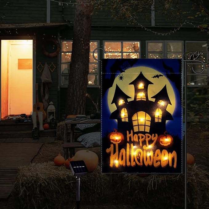 Happy Halloween Garden Flag LED Lighted Vertical Double Sided Garden Flag Halloween Castle Holiday Farmhouse Outdoor Yard Lawn Decoration 12.5 x 18 Inch