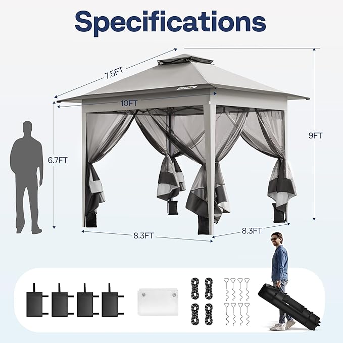 VIVOHOME Pop Up Gazebo 10x10ft Outdoor Canopy Tent with Mosquito Netting & 2 Tiers Roof for Patio Garden Backyard, Grey