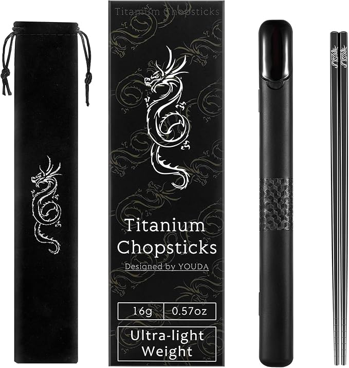 Youda Pure TITANIUM Chopsticks 1 Pairs with Black Carrying Case Ultralight and Reusable Chopsticks for Camping, Home, Travel