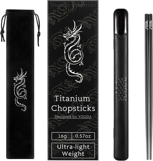 Youda Pure TITANIUM Chopsticks 1 Pairs with Black Carrying Case Ultralight and Reusable Chopsticks for Camping, Home, Travel