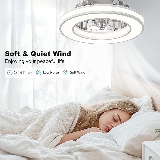 16'' Ceiling Fans with Lights, Modern Low Profile Ceiling Fan Light with Remote, 3000-6500K Dimmable LED Fan Light, 6 Speeds Small Flush Mount Ceiling Fan for Bedroom, Kids Room(White)