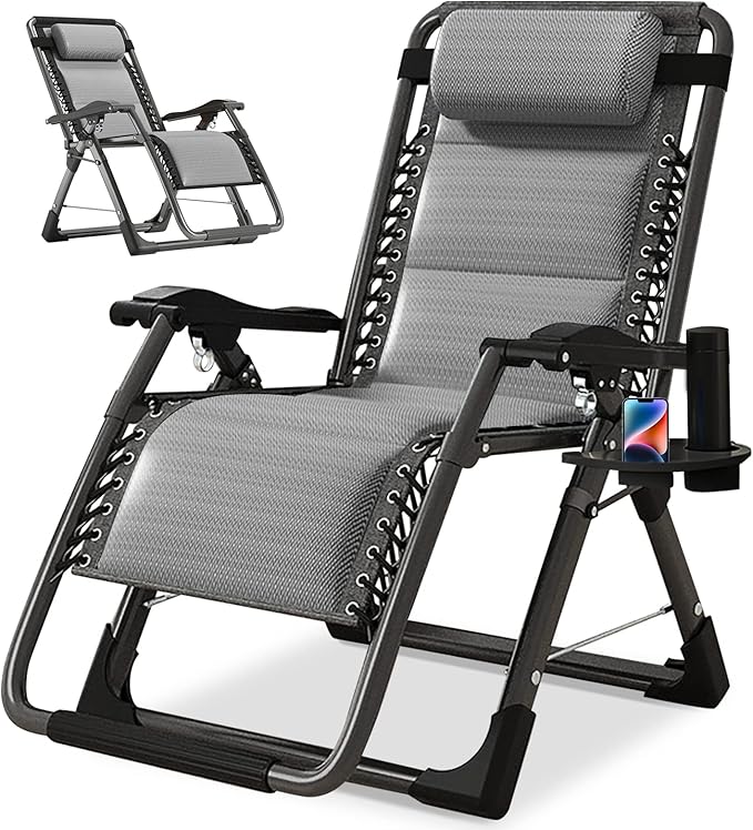 NAIZEA Padded Zero Gravity Chair, Cooling Fabric Folding Outdoor Lounge Chairs, Adjustable Reclining Camping Chairs with Cup Holder, Ergonomic Patio Lawn Chair for Balcony Beach Deck Yard