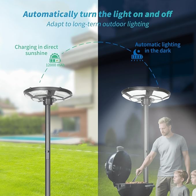 Solar Outdoor Street Light with Pole and Remote, Waterproof Motion Sensor 750-LED Removable Post Light with DC Port for Yard, Patio, Camping, Dusk to Dawn for Outdoor Lighting(Plug Inclues)