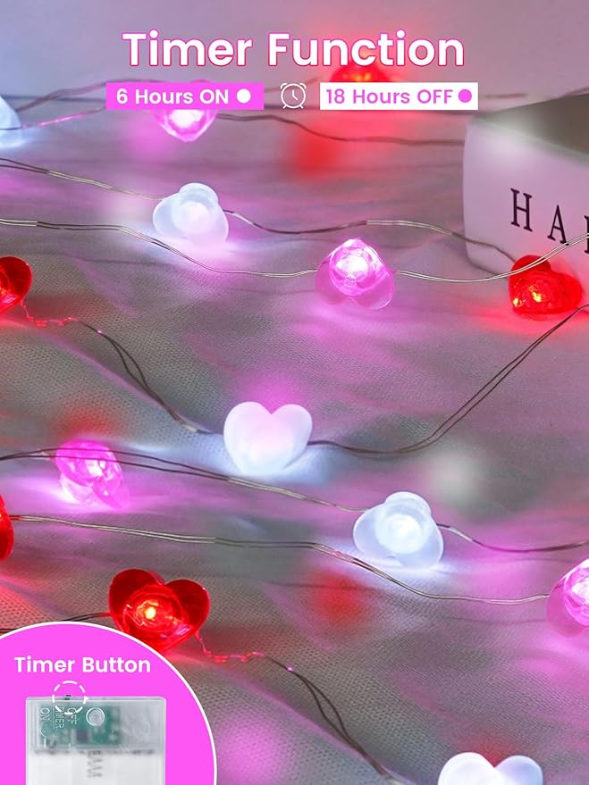 Red Pink White Heart Fairy Lights Battery Operated for Valentines Decor, 10FT 30 LED Battery String Lights with Timer Waterproof for Indoor Outdoor Valentines Proposal Anniversary Wedding Decorations