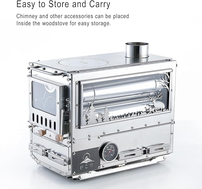 Wood Stove Wood Burning Stove Hot Tent Stove, Stainless Steel Portable Camping Stove with Oven & Camping Table and 6 Chimney Pipe for Outdoor, Camping, Cooking, Tents, Car Travel