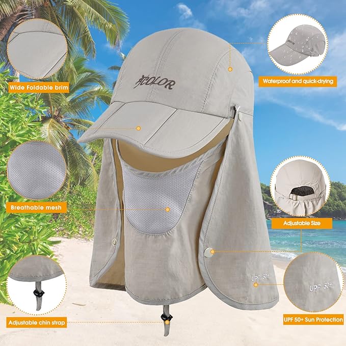 icolor Sun Hats for Men Women with Neck Flap,Foldable Sun Cap Fishing Sun Hats,UPF50+ Sun Protection Ponytail Hats