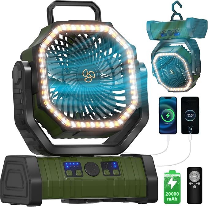 Battery Operated Fan Portable Camping Battery Powered Fan with LED Lantern Light 20000mAh Rechargeable, Oscillating, 360° Rotation Hanging Hook for Tent, Canopy, Beach, Outdoor(Green)