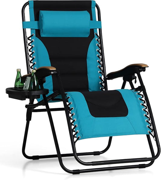 PHI VILLA XXL Oversized Padded Zero Gravity Chair, Foldable Patio Recliner, 30" Wide Seat Anti Gravity Lounger with Cup Holder, Support 400 LBS (Aqua)