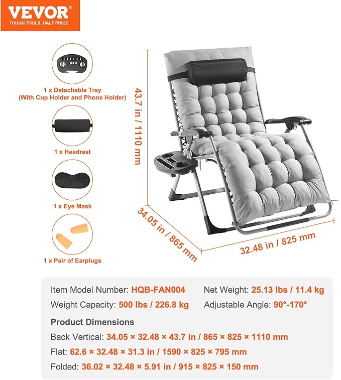 VEVOR Zero Gravity Chair, 33 inch Zero Gravity Recliner Lounge Chair for Indoor and Outdoor, Adjustable Anti Gravity Chair with Cushion, Headrest, Footrest, and Cupholder, 500 lbs, Gray