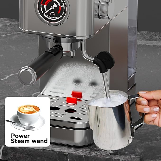 EM623 Espresso Machine 20 Bar with Steam Milk Frother, Stainless Steel Coffee Machine with Removable Water Tank for Cappuccino,Latte, Compact Stainless Steel Coffee maker for home,Great Gift