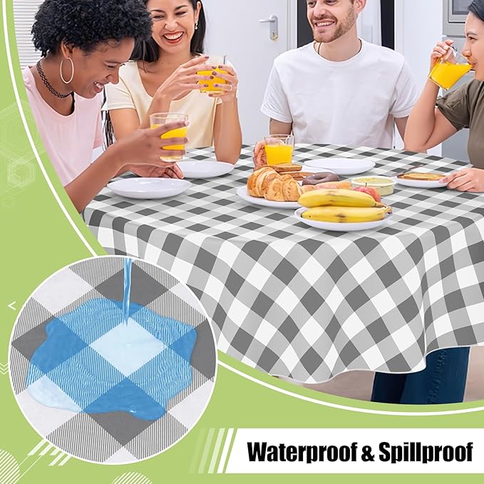 Smiry Round Plastic Table Cloth, Waterproof Vinyl Tablecloth with Flannel Backing, Wipeable Buffalo Plaid Table Cover for Dining, Indoor and Outdoor (Grey & White, 60" Round)