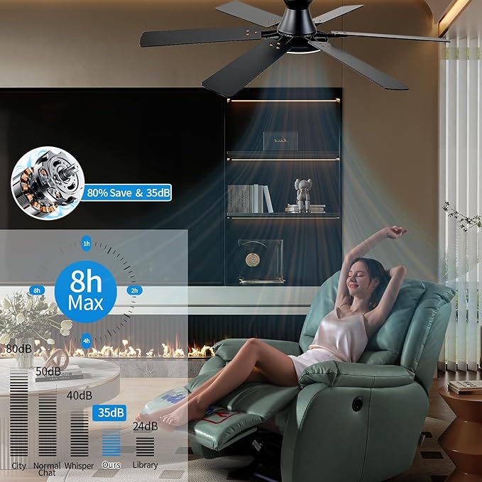 Ceiling Fans with Lights,54 Inch Low Profile Ceiling Fan with Light and Remote Control,6 Speeds/6 Blade,Flush Mount,LED Dimmable DC Reversible Modern, Brown Ceiling Fan for Bedroom/Living Room