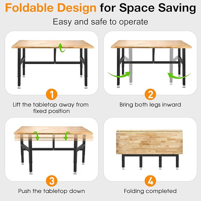 48” Folding Workbench, 2000 LBS Capacity Heavy Duty Workbench, Height Adjustable Foldable Work Table, Rubberwood Collapsible Desk for Workshop, Garage, Office, Home