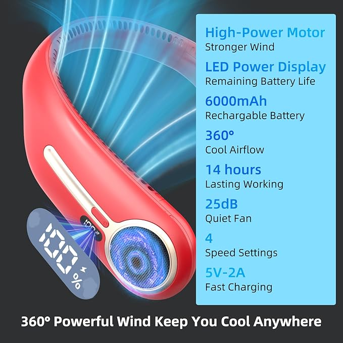 Portable Neck Fan,Gift Ideas,Personal Wearable Bladeless Fan,360° Cooling,LED Display,4-Speeds,6000mAh Rechargeable,Powerful Wind,Outdoor Travel Camping,Birthday Gifts for Men Women Dad Mom (Red)