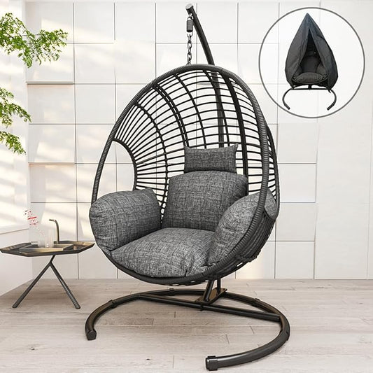 Hanging Egg Chair with Stand - Egg Swing Chair Outdoor Indoor Patio Wicker Chair Swing Hammock Egg Chairs 400lbs Capacity for Outside Patio, Bedroom, Garden and Balcony（Black, 1PC）
