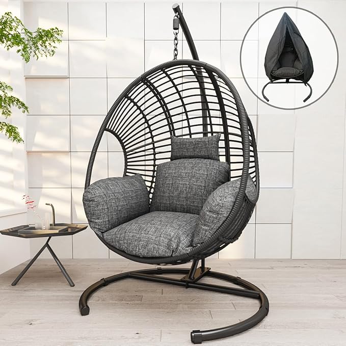 Hanging Egg Chair with Stand - Egg Swing Chair Outdoor Indoor Patio Wicker Chair Swing Hammock Egg Chairs 400lbs Capacity for Outside Patio, Bedroom, Garden and Balcony (Black-Regular, 2P)