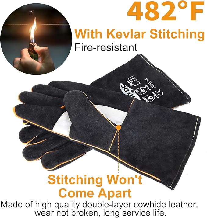 TOPDC Welding Gloves 14 Inches Fire/Heat Resistant Leather For Mig,Tig,Stick,Forge,BBQ,Grill, Fireplace,Wood Stove, Furnace,Pot,Oven