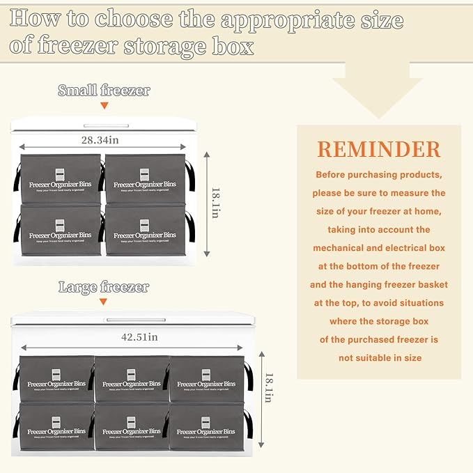 Freezer Organizer Bins, Collapsible Deep Freezer Organizer Bins for 15"x14"x9", freezer Storage Bins with Removable Dividers, Handles (Dark Grey, 1 Pack)