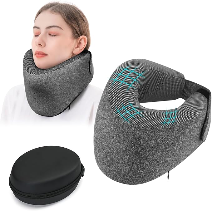 Patented Chin Support Travel Pillow for Sleeping，Innovative Travel Neck Pillows for Airplanes, 100% Pure Memory Foam Airplane Pillow for Long Flight - Dark Grey