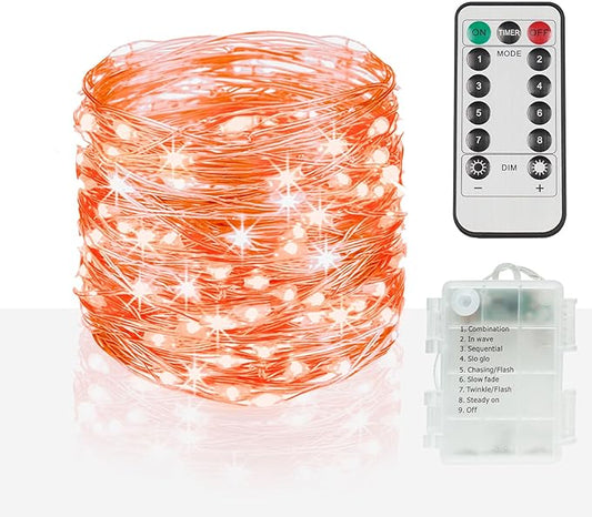 suddus Halloween Lights Battery Operated, 33ft 100 LED Orange String Lights for Outside Decorations Waterproof, Fairy Lights with Timer and Remote for Party, Yard, Outdoor, Tree, Wedding, Rroom Decor