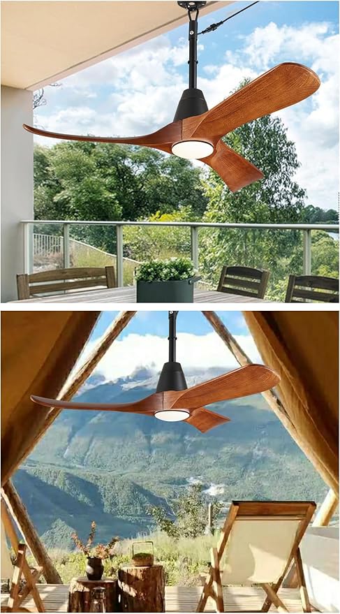 3 Blades Wood Outdoor Ceiling Fan with Light for Patios, Farmhouse Rustic Ceiling Fans with Lights, 42" Plug-in Wet Rated Outdoor Gazebo Fan for Exterior House Porch Patio, Waterproof,F246