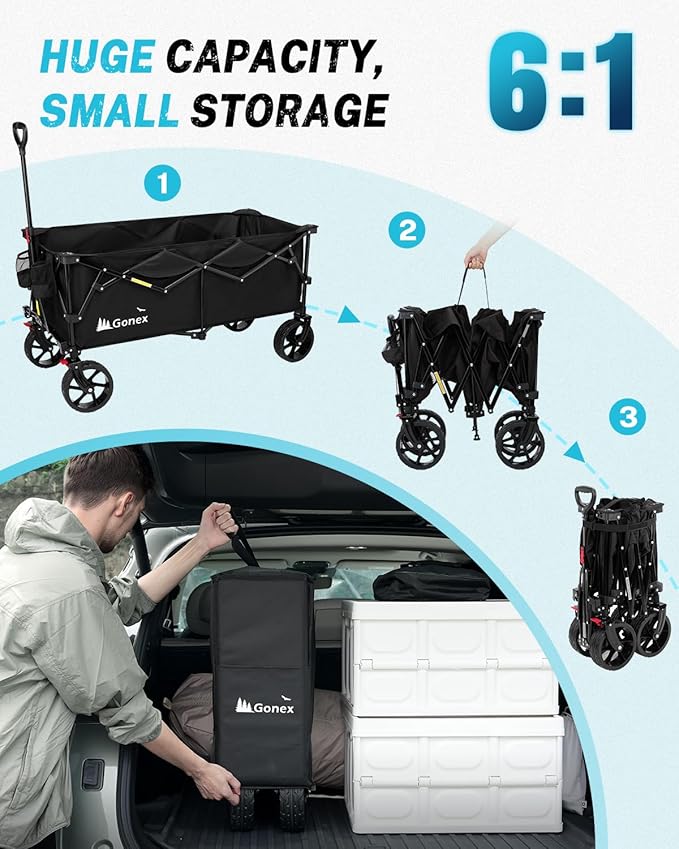 Gonex 48''L Collapsible Foldable Heavy Duty Oversized Wagon with 440lbs Weight Capacity, 300L Folding Large Utility Garden Grocery Shopping Cart with 8" H All-Terrain Wheels & 2 Drink Holders - Black