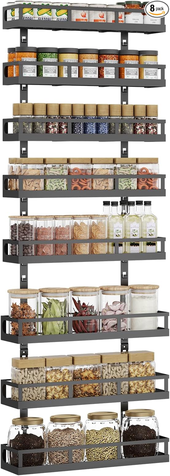 X-cosrack 8-Tier Adjustable Spice Rack – Wall-Mounted Space-Saving Organizer with Mixed Baskets, Large-Capacity Seasoning Holder for Kitchen & Pantry (Black)