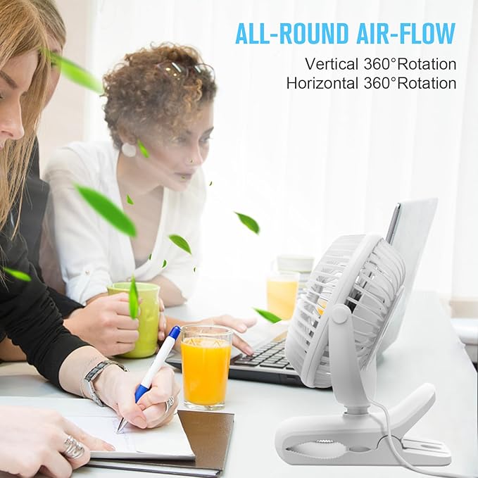 BESKAR Clip on Fan, 360° Rotation Quiet Stroller Fans with Strong Airflow,3 Speeds, Portable Small Fans with Sturdy Clamp,Perfect Personal Cooling Fan for Office Table Bedroom Kitchen