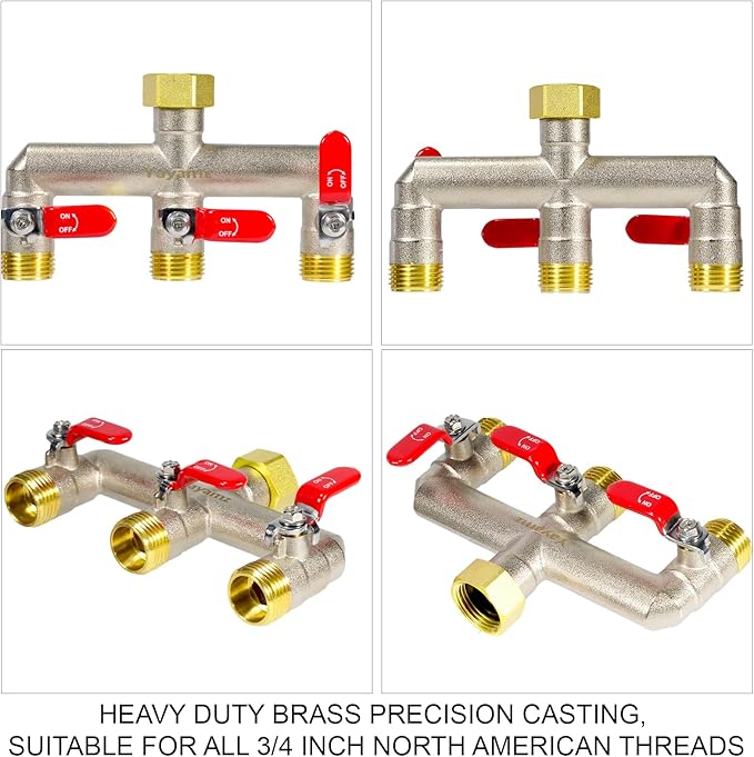 Heavy Duty Brass Garden Hose Splitter - 3-Way 3/4" GHT Thread, High Flow Faucet Splitter, Water Hose T Spigot Splitter with Shutoff Valves, Water Adapter & Connector-Long Metal Handle