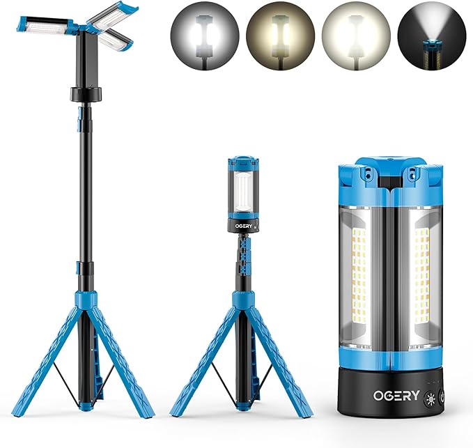 OGERY Rechargeable 10000mAh Camping Light with Stand 6.5 ft Max Height, Cordless Work Light with 3 LED Lamp Heads, 2200 Lumens Camping Essentials Gear Emergency Flashlight with Detachable Tripod