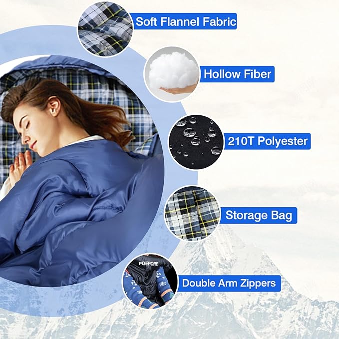 Flannel Sleeping Bag Cotton 0 Degree Cold Weather for Adults XXL Wearable Sleeping Bag 4 Seasons Waterproof with Compression Sack