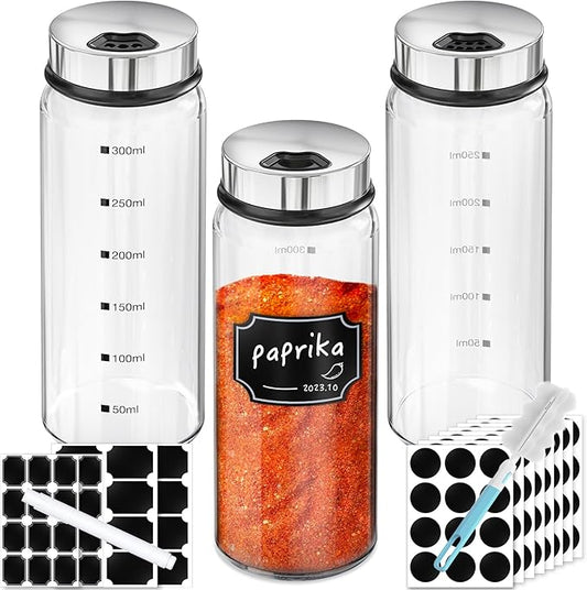 Segarty Glass Spice Jars, 3 Pack 10oz Large Spice Jar with Labels, Spice Container with Adjustable Shaker Lids, Salt Pepper Shakers Set Seasoning Bottles with 136 Stickers, 1 Chalk Marker and 1 Brush