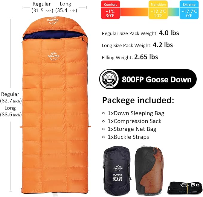 '-10°F 0°F 10°F 15°F Down Sleeping Bag for Adults,800/650 Fill Power,Ultralight Wearable 4 Season Cold Weather Rectangle Sleeping Bag for Camping Hiking,Can be Used as a Down Blanket or Cloak