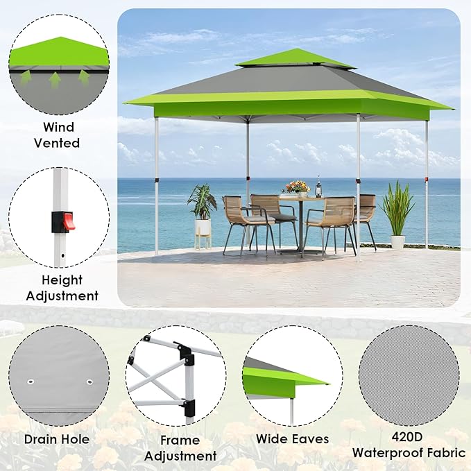 TLSUNNY 13X13 Pop Up Canopy Tent, Camping Shader W/Overhanging Eaves & Sand Bag, Outdoor Gazebo Shelter W/One Push Setup & Wheeled Bag, Height Adjustable, for Patio, Market, Party (Green, 13FTX13FT)