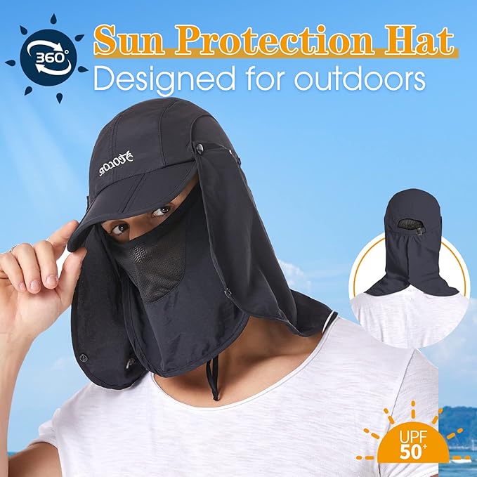 icolor Sun Hats for Men Women with Neck Flap,Foldable Sun Cap Fishing Sun Hats,UPF50+ Sun Protection Ponytail Hats