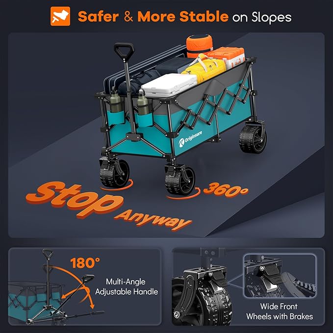 220L Collapsible Wagon Cart Foldable, 460LB Load Capacity Heavy Duty Folding Beach Wagons with Big All-Terrain Wheels, Utility Carts for Groceries, Camping, Sports - Grey&Turquoise