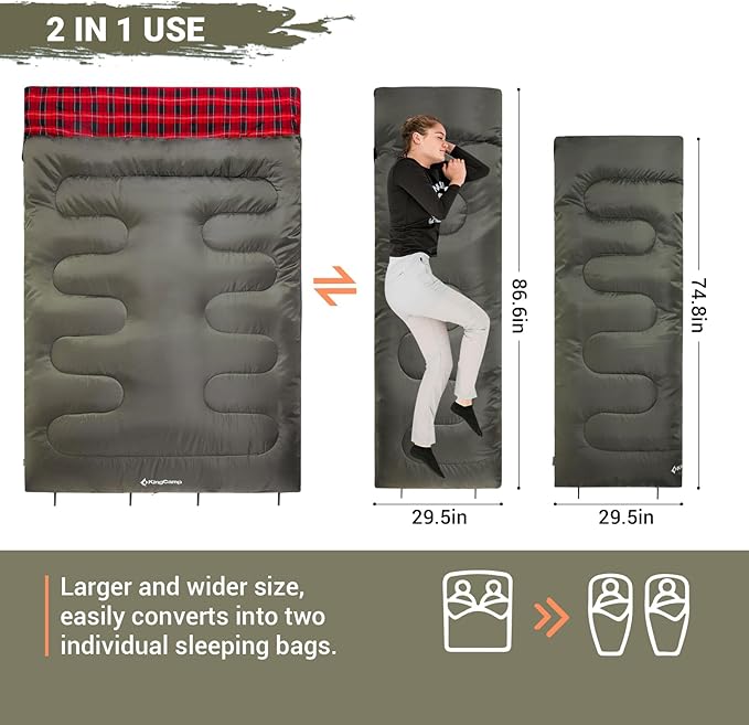 KingCamp Double Sleeping Bag for Adults, Queen Size 2 Person XXL Flannel Sleeping Bag, Waterproof Lightweight Flannel Quilt with 2 Pillows, Perfect for Couples Family Camping Hiking