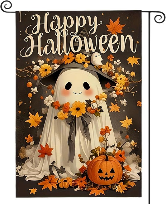 Happy Halloween Garden Flag 12X18 Inch Double Side,Cute Pumpkin Ghost Yard Flag, Jack O Lantern Small Garden Flag,Yard Outdoor Flag for Holiday Outside Patio Lawn Decoration