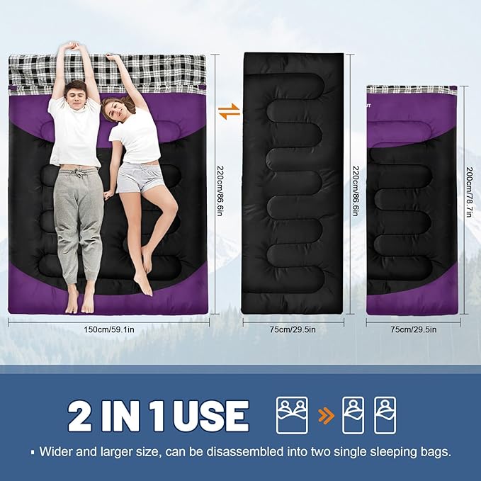 Double Sleeping Bag for Adults Machine Washable 2 Person Camping Sleeping Bag Queen Size Waterproof with Compression Sack for Cold Weather 3-4 Seasons