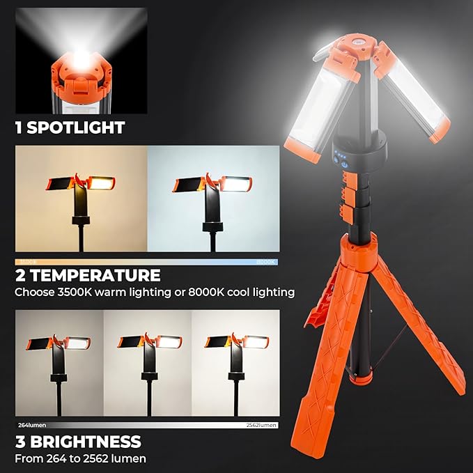 Rechargeable Work Light with Stand, Cordless Triple Work LED Lights, 9000mah Battery, 264-2562 Lumen, 3500-8000K, with Detachable Tripod, Storage Bag for Outdoor Work, Camping